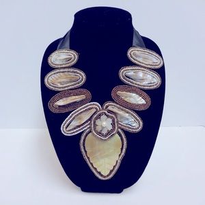 Beaded Shell Bib Necklace  Adjustable Ribbon  NWOT